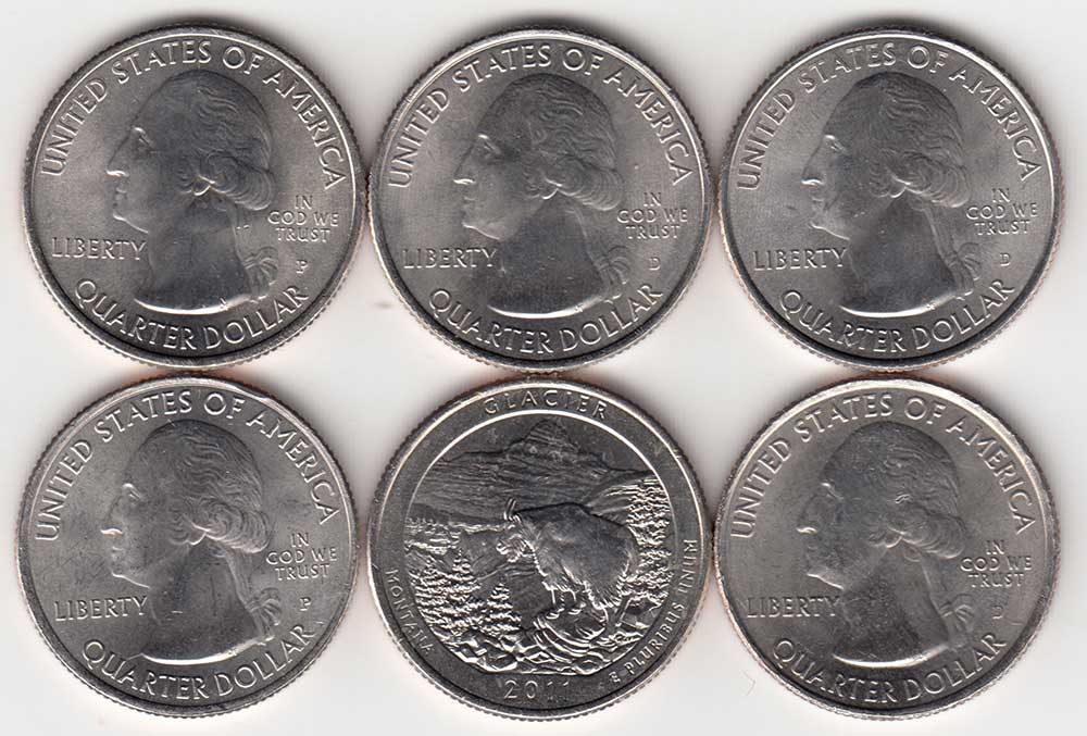 Набор монет США 25 центов с цветным покрытием (6 штук)